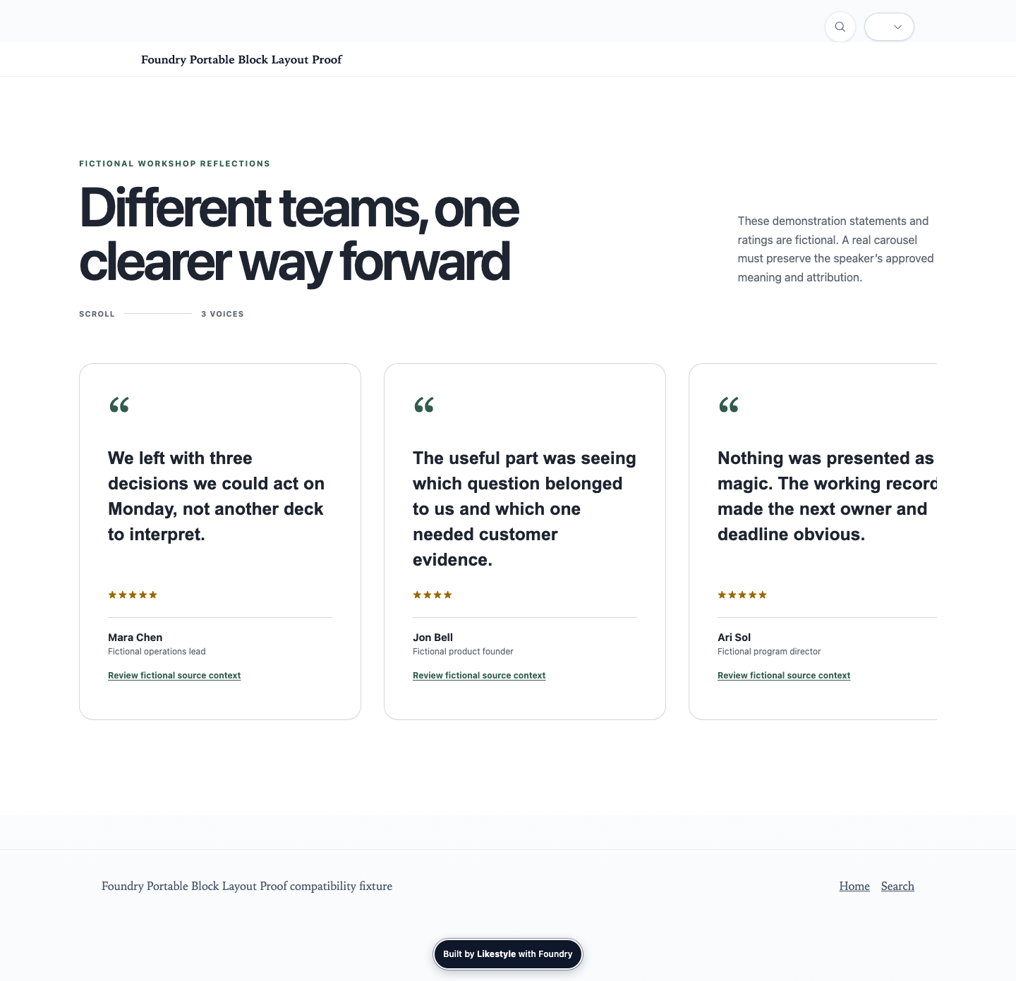 Testimonial Carousel shown in Foundry visual evidence
